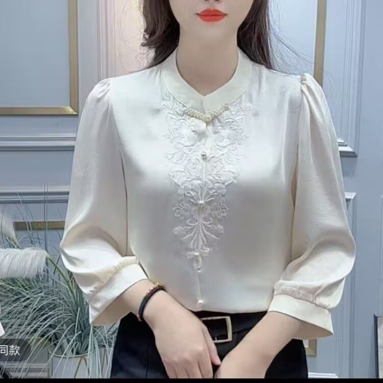 高档盘扣刺绣衬衣女夏季七分袖气质妈妈装宽松显瘦小衫上衣减龄|undefined