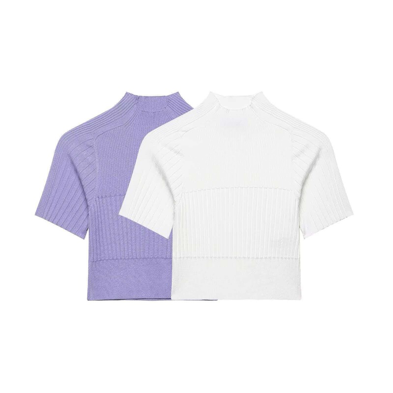 Za Cross-Border European and American Foreign Trade Women's Clothing Aliexpress Hot-Selling Summer Simple Versatile Half-High Collar Ribbed Knit Sweater White Za Cross-Border European and American Foreign Trade Women's Clothing Aliexpress Hot-Selling Summer Simple Versatile Half-High Collar Ribbed Knit Sweater White