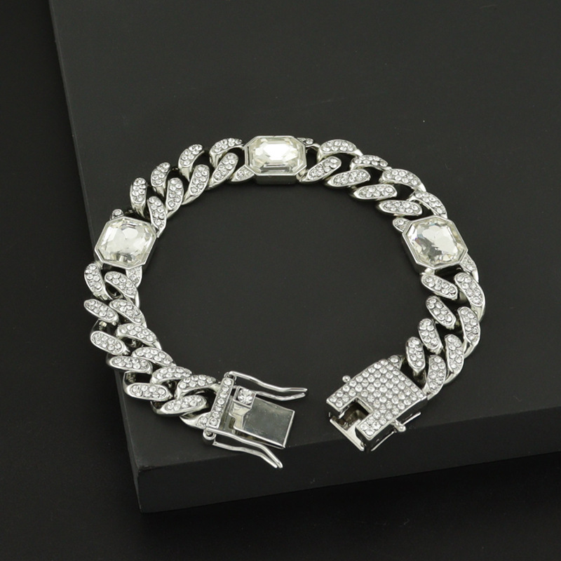 European and American Hip-Hop Full Diamond Square Diamond Cuban Bracelet Trendy Flash Personalized Buckle Chain Men's Bracelet Aliexpress Amazon