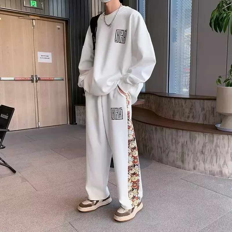 秋冬男士时尚个性拼色涂鸦宽松套装男潮简约百搭运动休闲两件套