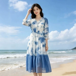 云南大理批发手工纯植物板蓝根蓝染扎染旅游度假百搭带袖女连衣裙