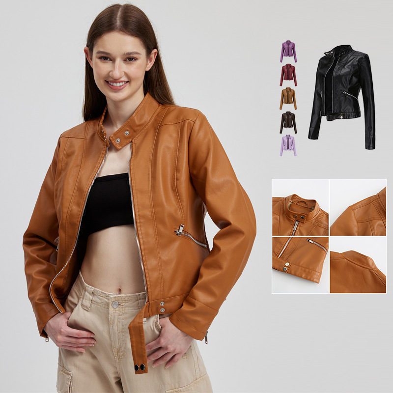 Wish Motorcycle Leather Women's Spring and Autumn Collar Jacket Coat Women's Slim-fit Casual American Style Retro Thin Small Coat