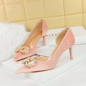 1363-AK79 Banquet Women's Shoes High Heel Suede Shallow Mouth Pointed Side Hollow Water Diamond Buckle Pearl Bow Si