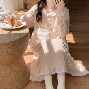fleece-lined Thickened Coral Fleece Long Nightgown Women's Winter 2024 New Home Clothes Winter Pajamas Winter Ins Style