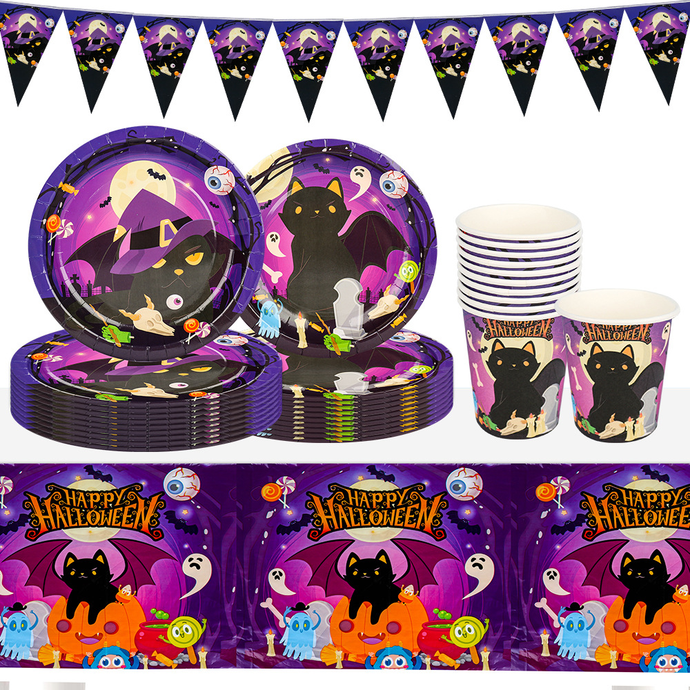 Spooky Halloween Theme Party Decorations Purple Black Cat Ghost Festival Disposable Cutlery Halloween Paper Plate Set