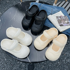 2025踩屎感夏季簡約撞色百搭休閒外穿防滑涼拖鞋女厚底包頭洞洞鞋