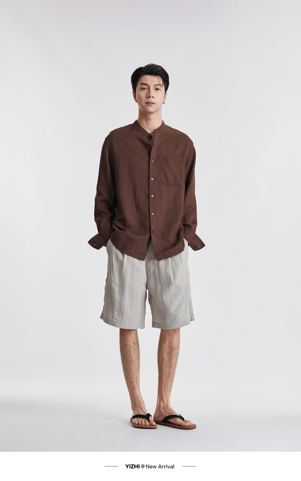 Áo sơ mi nam linen cổ đứng tay dài mùa hè, chất liệu lanh thoáng khí, phong cách Trung Hoa, túi đơn — Xanh navy chi tiết 18