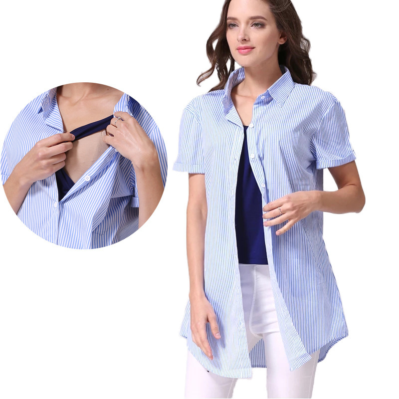 Summer Short-sleeved plus size Pregnant Women's Shirt Professional OL Office Dual-use Vertical Strip Pregnant Women's Breastfeeding Top Loosen-shaped