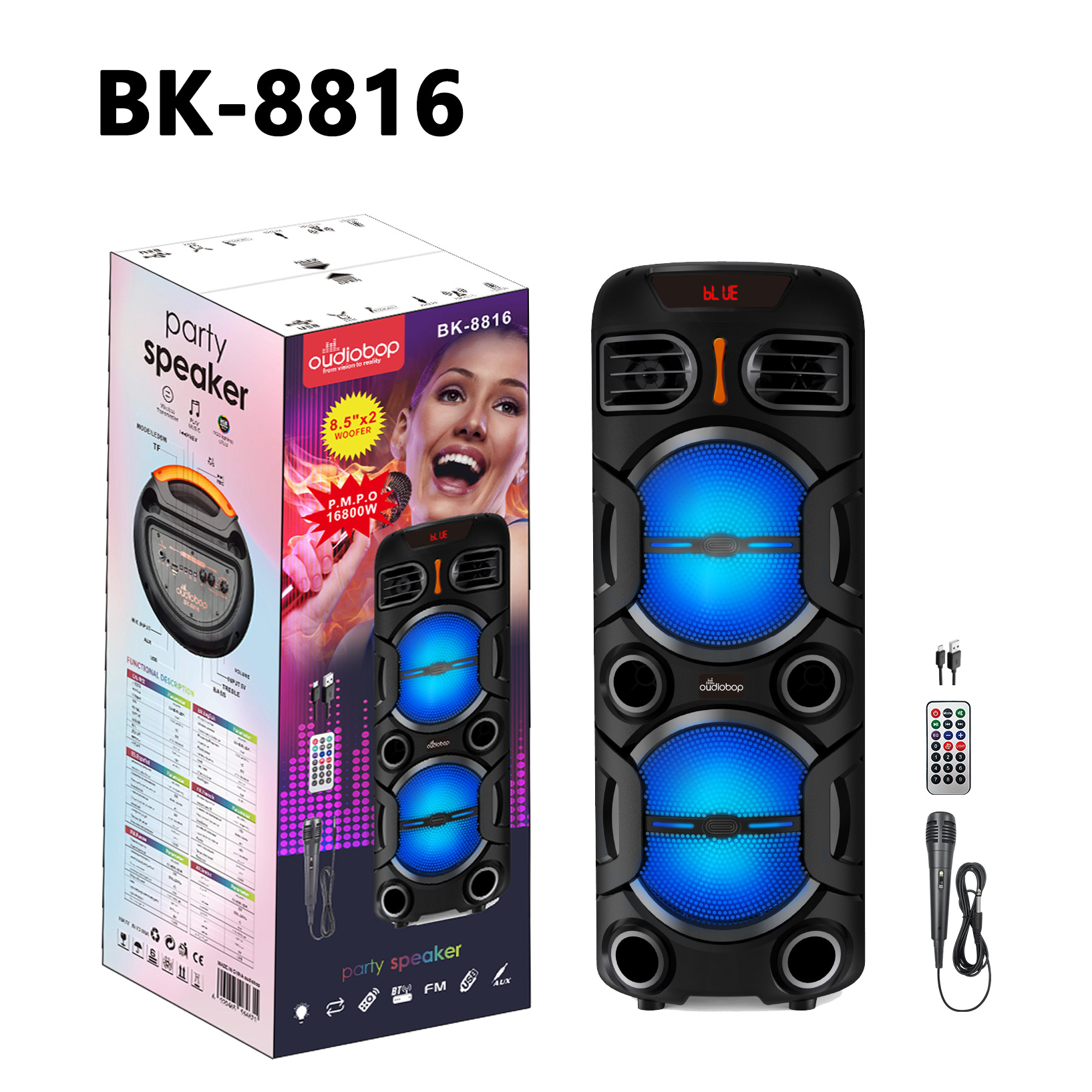 Altavoces Bluetooth de alto volumen con cable de micrófono de control remoto móvil portátil al aire libre tarjeta de enchufe Bluetooth K sonido doble de 8 pulgadas