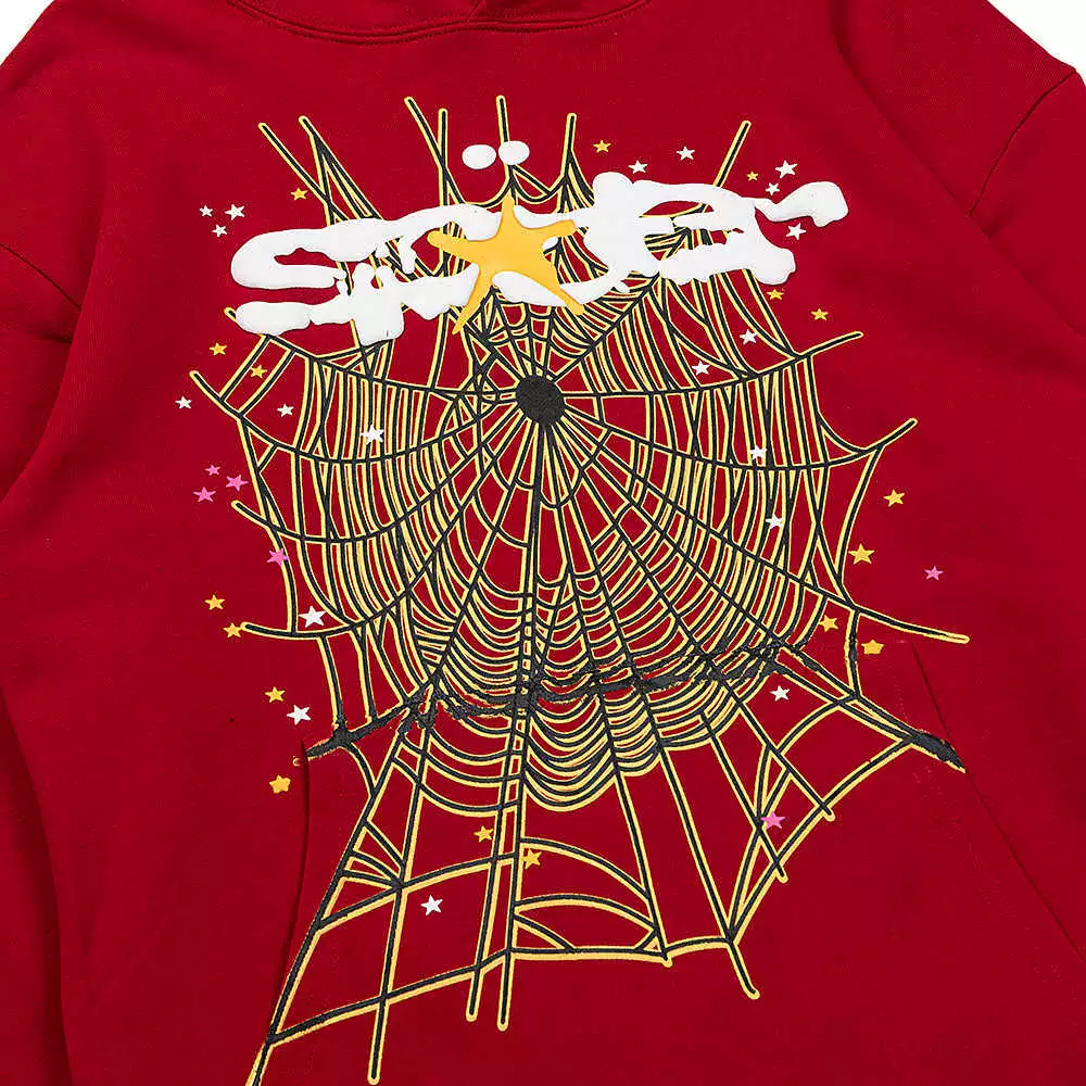 Гранично-кросс Beauty Trend Sp5der Foam Letter Spider Pattern Burgundy Мужчины и Женщины худи топ тренд