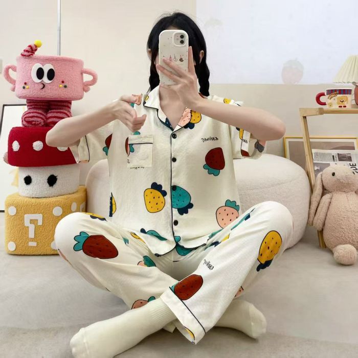 Vietnam transfronterizo al por mayor pijamas de verano para mujer, pantalones frescos de manga corta, cárdigan estampado, servicio a domicilio, dos trajes
