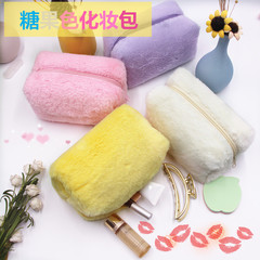 ins girly macaron plush cosmetic bag hand bag candy color portable sweet soft waxy cosmetic bag pencil bag