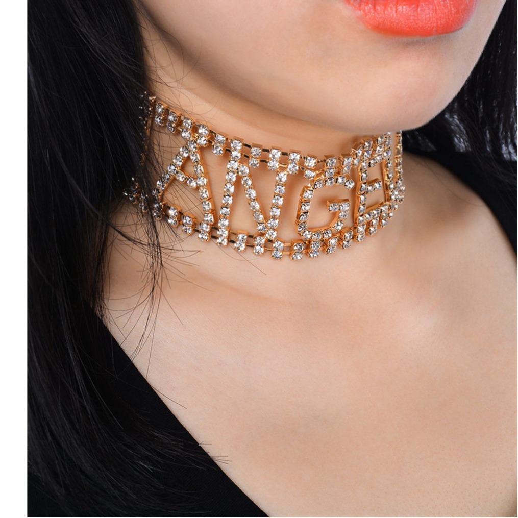 A12025 europeo y americano transfronterizo joyería punk exagerada Super flash discoteca collar con diamantes de imitación collar de la letra