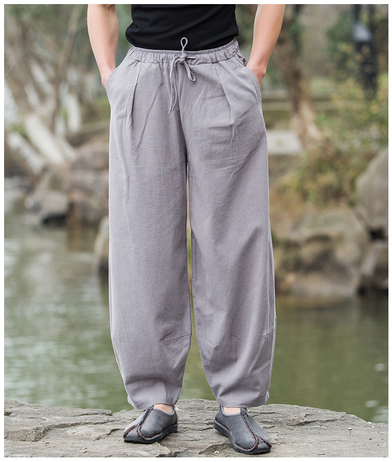 Pantalones casuales de lino de estilo chino de primavera y verano para hombres Pantalones anchos de talla grande de traje Tang de estilo retro de algodón y lino