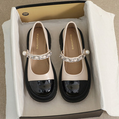 厚底瑪麗珍鞋女小香風2023新款夏季一字帶復古圓頭拼色粗跟單鞋女