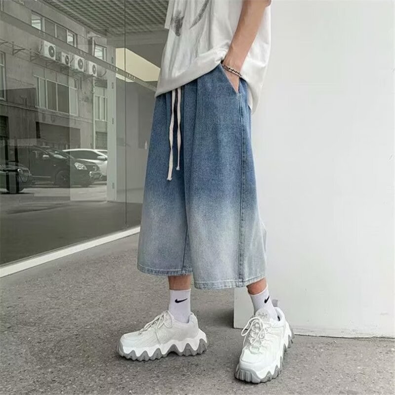 Gradient Denim Cropped Pants for Men, Loose Ins Versatile High Street Couple Wide-Leg Casual Shorts, Summer Cropped Pants Gradient Denim Cropped Pants for Men, Loose Ins Versatile High Street Couple Wide-Leg Casual Shorts, Summer Cropped Pants