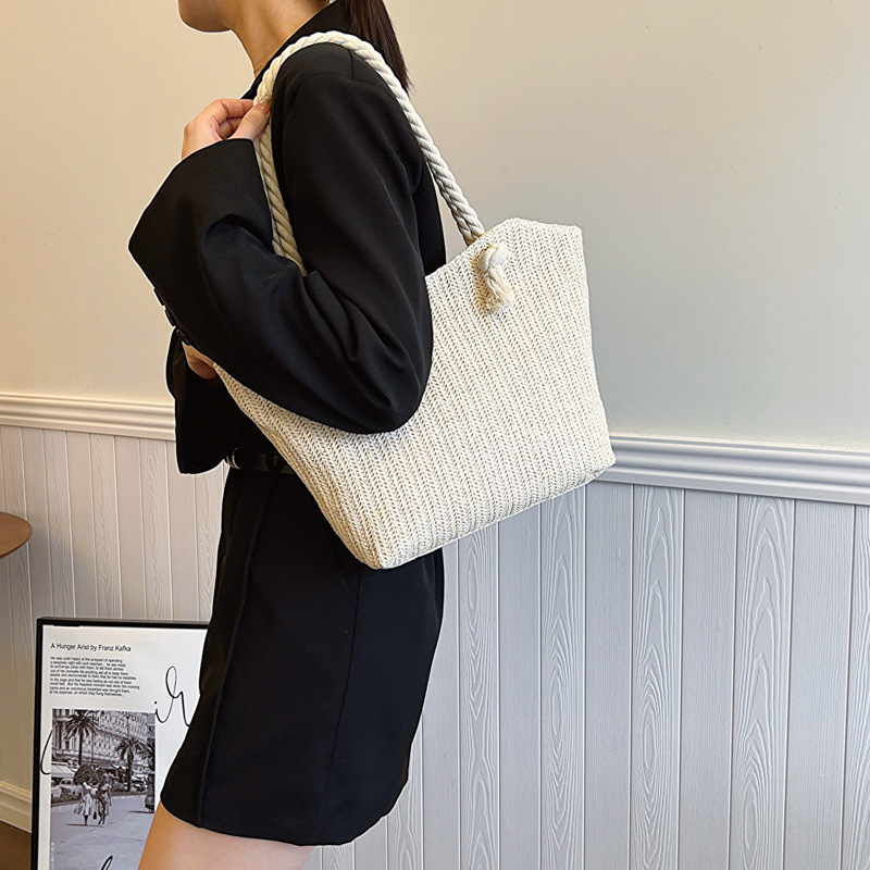 Handmade Rattan Woven Shoulder Bag With Leather Trim And Handle_voghion.com