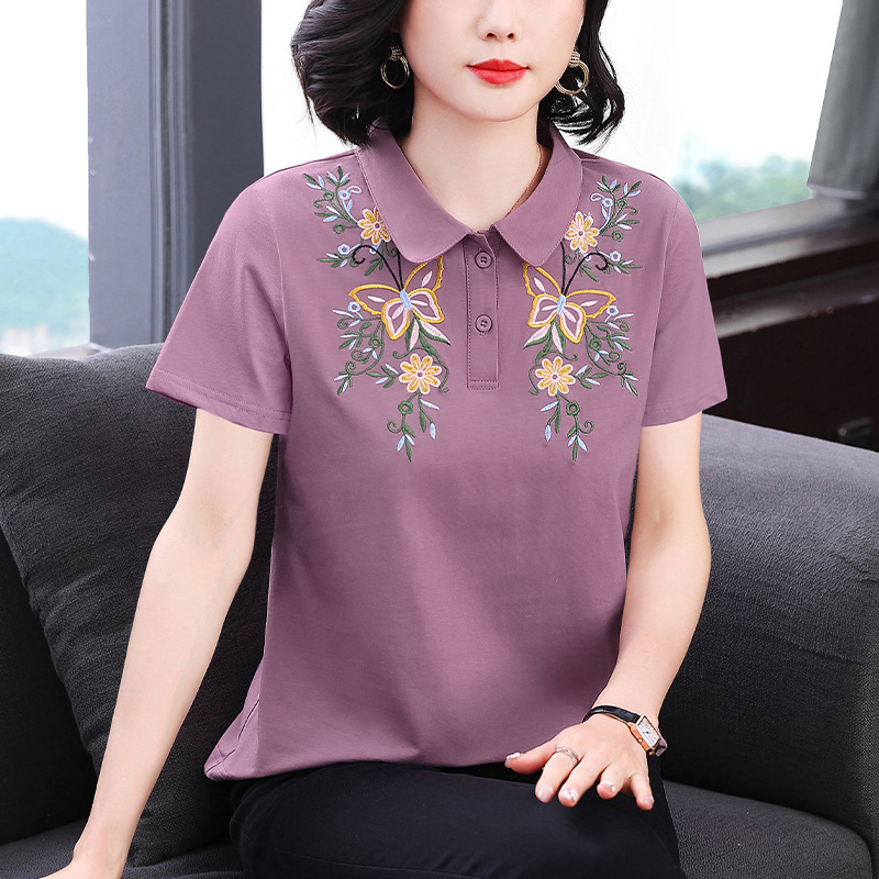 2026 New Style Mother's Wear Short-Sleeved Women's T-Shirt with Simple Lapel Embroidery Design, Loose Slimming Patchwork Top for Women