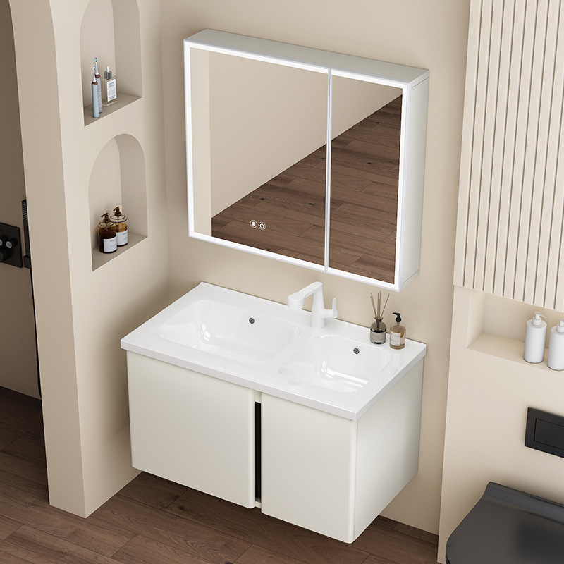 gabinete de baño de acero inoxidable con aire crema en una bañera cerámica doble bañera lavabo de mano lavabo de cara lavabo de baño combinación de baño