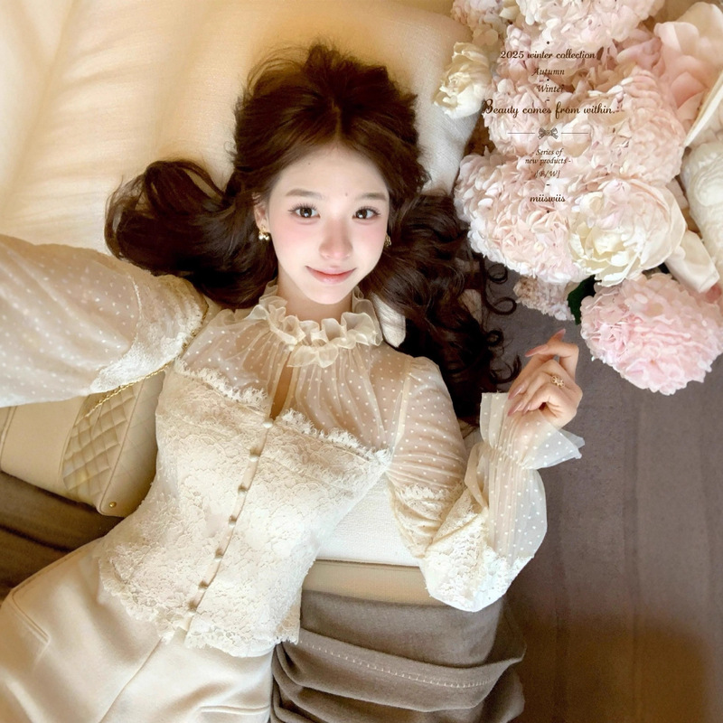 Miss Ves Jade Bead Flowing Fairy Heavy Vintage Lace Polka Dot Top Lace Mesh Patchwork Waist Shirt