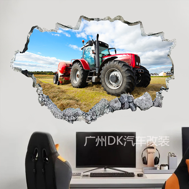 Tractor tridimensional transfronterizo 3d pegatinas de pared dormitorio sala de estar decoración de fondo de pared pared rota pegatinas de PVC autoadhesivos
