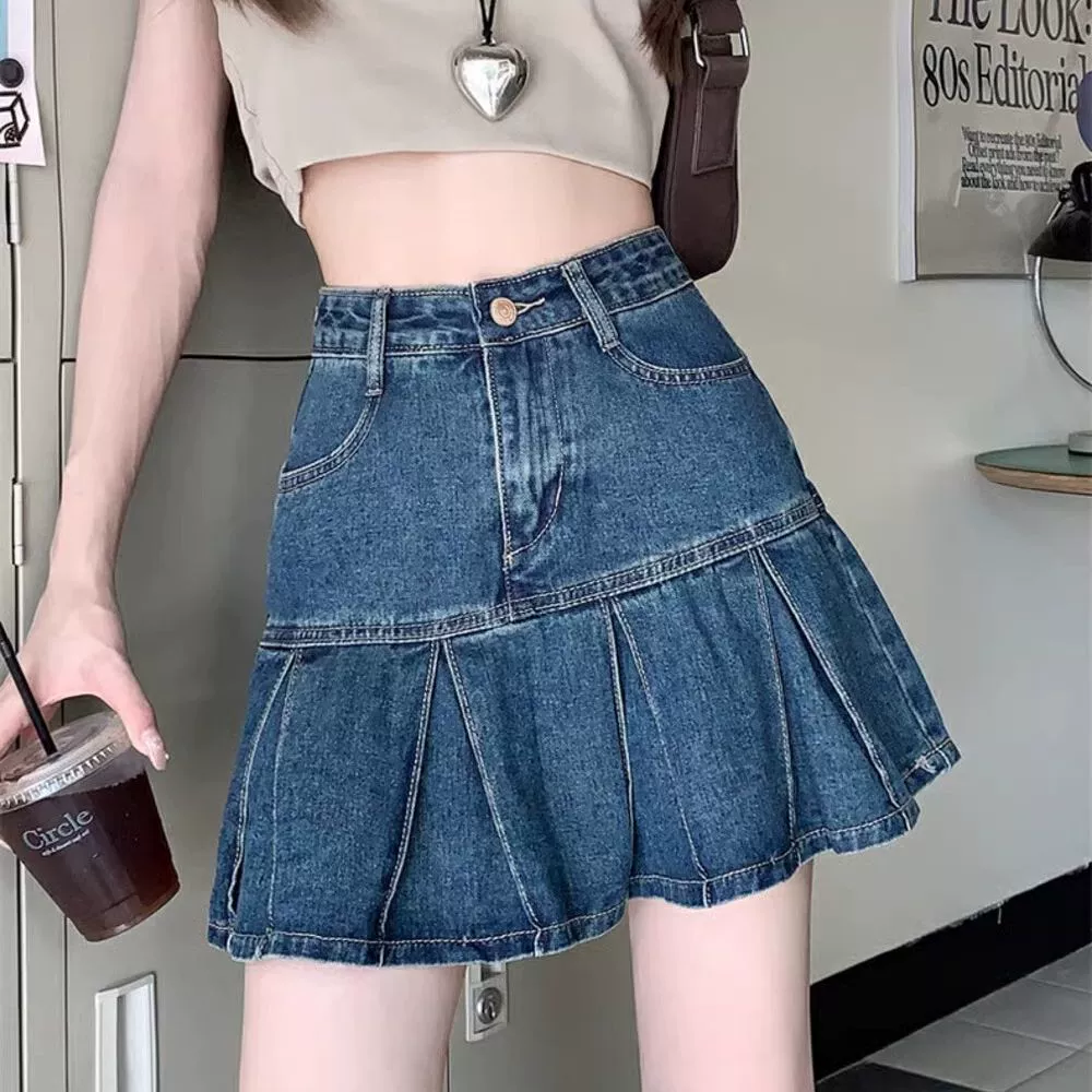 Ретро джинсовая плиссированная юбка с высокой талией для женщин, лето 2025, новый стиль, утягивающая юбка А-силуэта, защищающая от сквозняков, для невысоких женщин
