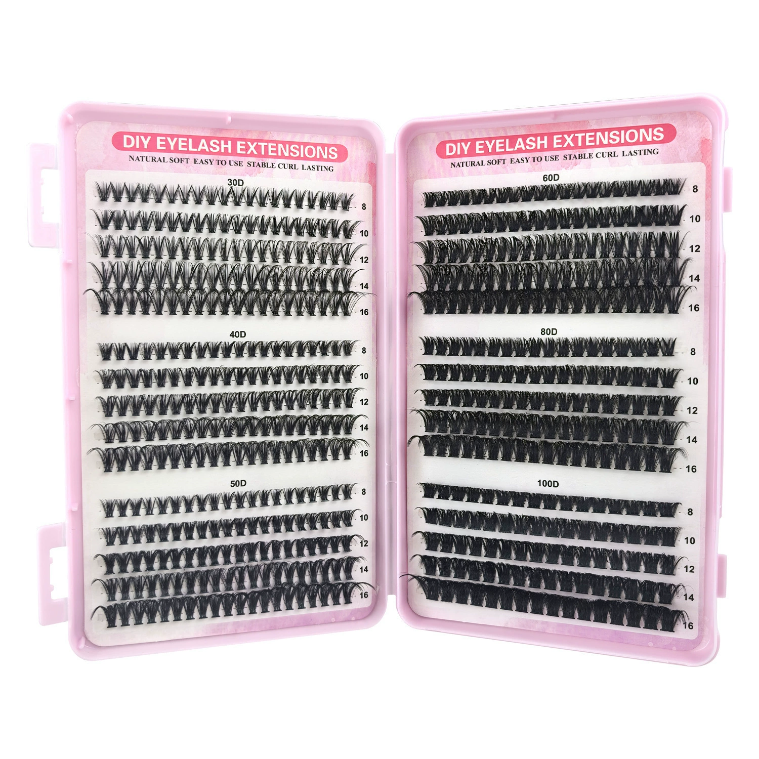 Segmented eyelash extensions tray, pink 570-tuft mixed 30–100D, large capacity DIY kit