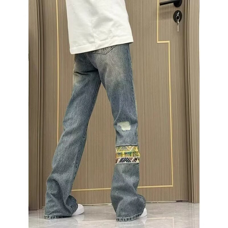 Ethnic Style Patchwork Denim Jeans for Men, American Retro Pants, Clean Fit, Drapey Straight-Leg Flared Pants, Trendy