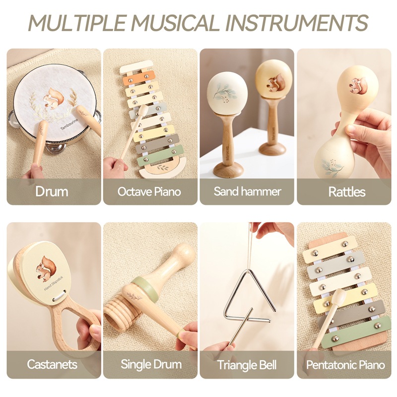 Juego de instrumentos musicales de madera de Amazon Orff, educación temprana para bebés, tocar el piano, tocar el tambor, martillo de arena, sonajero, juguete musical