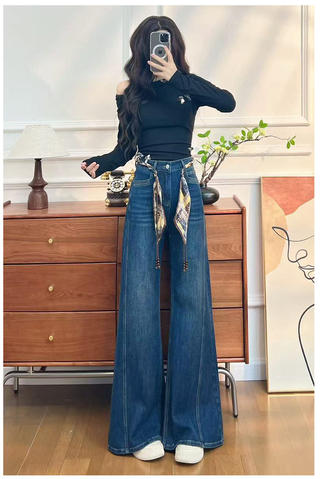 Quần jean nữ ống loe cạp cao co giãn, denim lót lông cừu mùa đông — Màu xanh vàng đen kéo dài, Quần xanh đen vàng, Retro màu xanh chín điểm, Vàng đen xanh chín điểm chi tiết 16