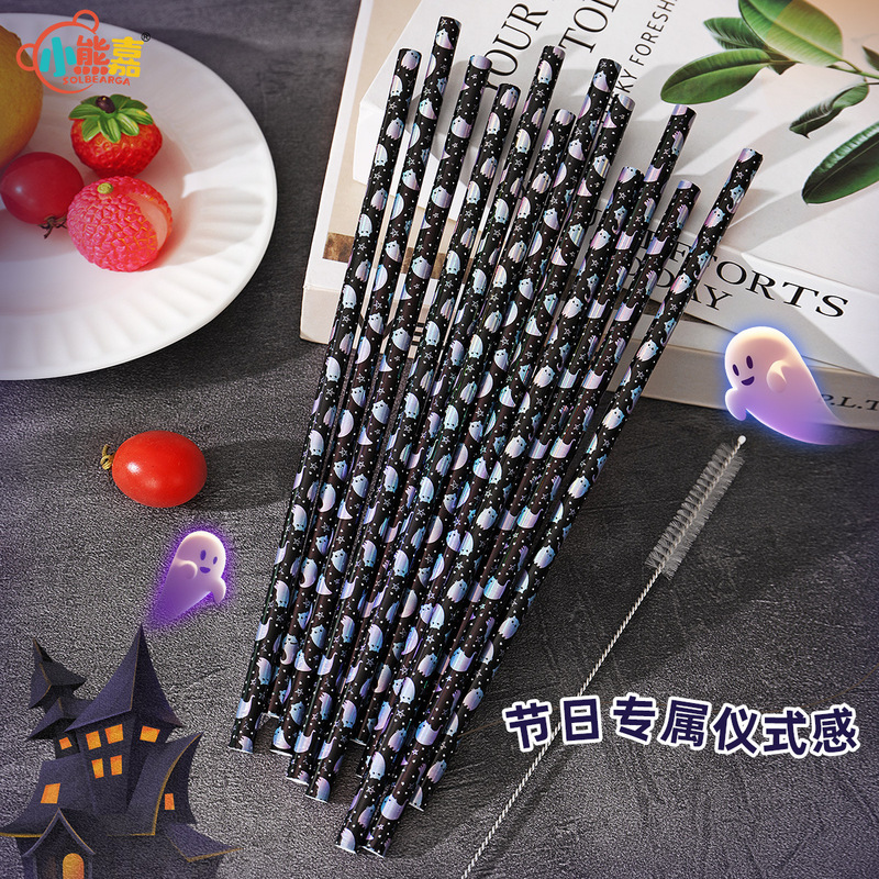 卸売ハロウィンプリントストローカラーストロー環境保護食品グレードのアイデアリサイクル可能なプラスチックストロー|undefined