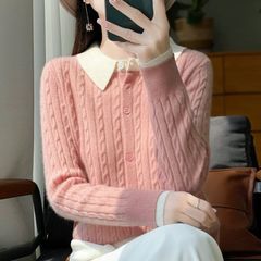 假两件翻领扭花拼色毛衣女开衫新款秋冬季宽松时尚针织打底衫外穿