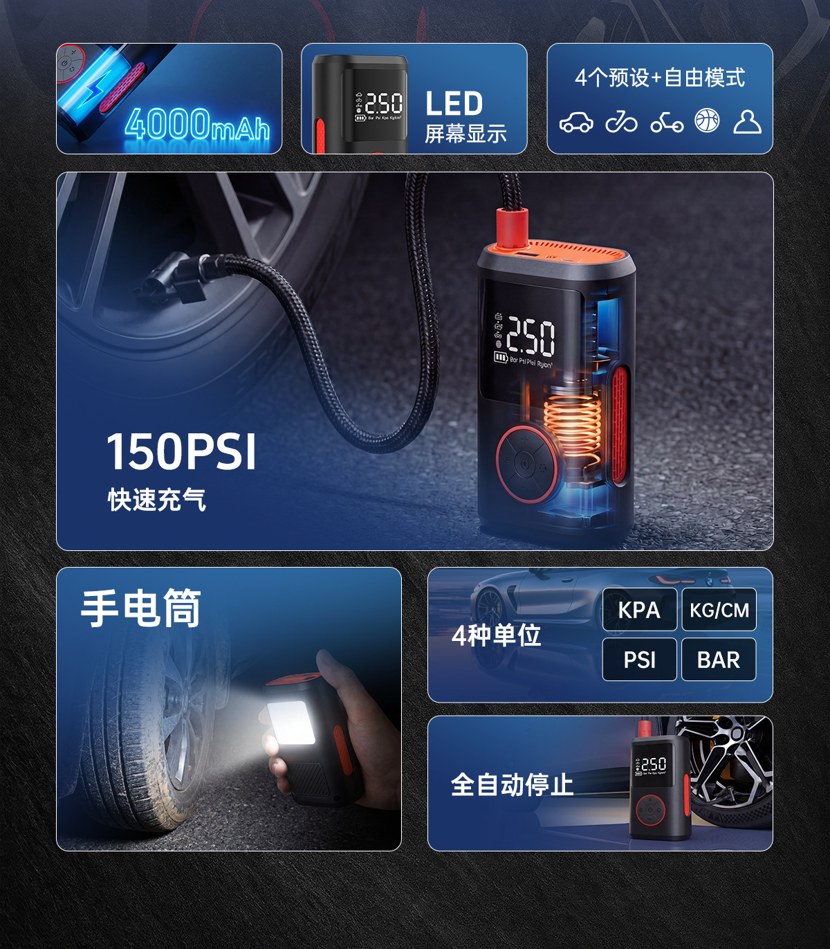 New model of car-mounted wireless portable dual-use air pump, capable of lighting and emergency use, multifunctional outdoor air pump