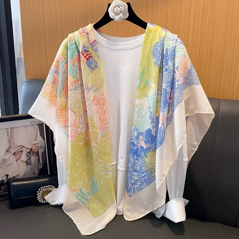 Linen 130 Large Square Scarf Colorful Scarf for Travel and Photography Sun Protection Silk Scarf Air-Conditioned Room Shawl Printed Sun Protection Print