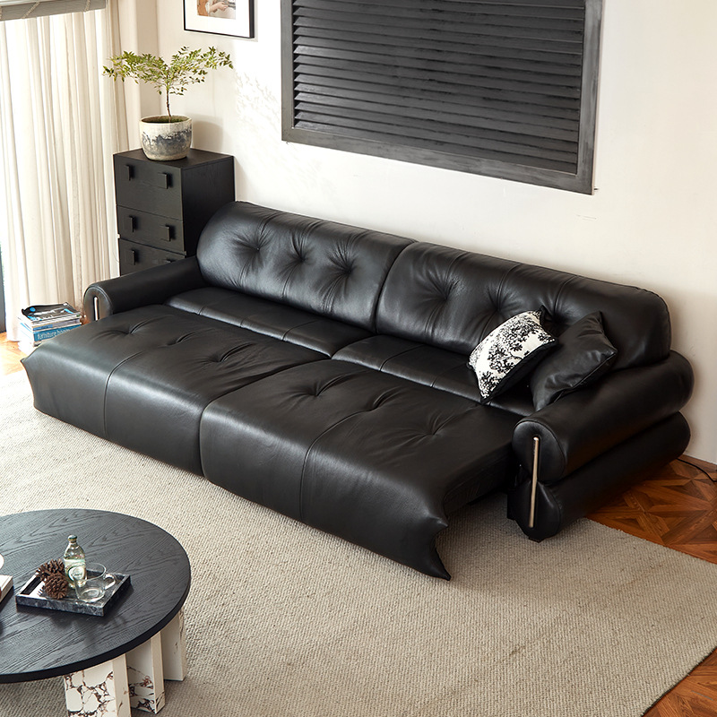 Electric Black Leather Sofa with Adjustable Backrest for Living Room, Extendable, Wall-Hanging, with Top-Grain Leather Headboard