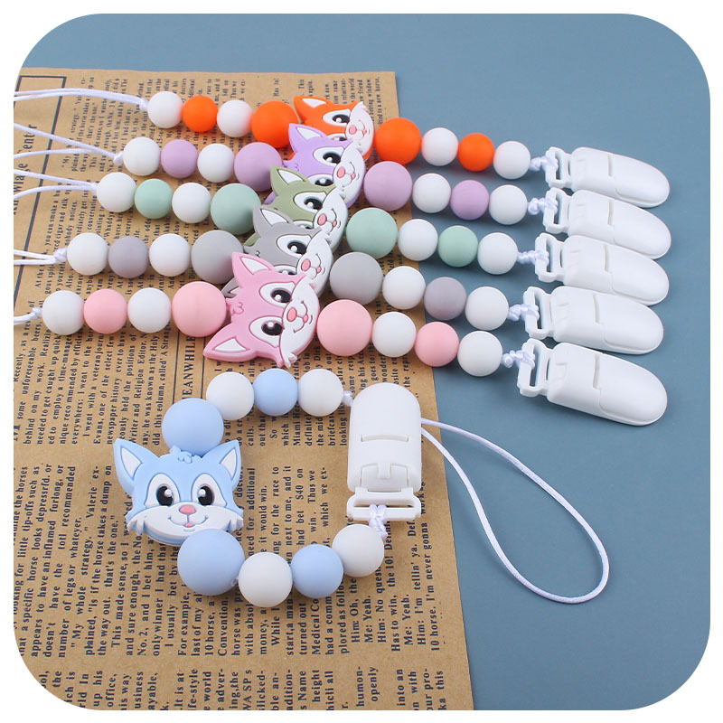 Bebé animal de dibujos animados Fox gato silicona teether dientes de bebé palo de juguete teether pezón cadena anti-caída