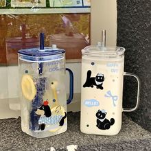 大容量玻璃杯ins高颜值新款学生吸管杯有盖便携把手办公室咖啡杯