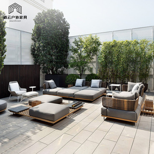 Outdoor Rattan Sofa Waterproof Solid Wood Courtyard Sofa Combination Modern Simple Balcony Casual Teak Sofa Furniture
