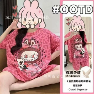 睡衣女款2025新款夏云朵棉甜美短袖短裤套装带胸垫家居服可外穿