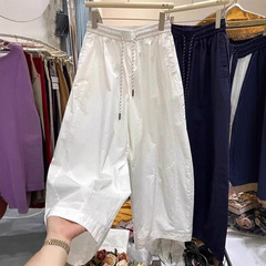速乾性シミターカジュアル小柄な女性のための白いワイドレッグパンツ夏薄いルーズ9点ハーレムパパパンツ卸売