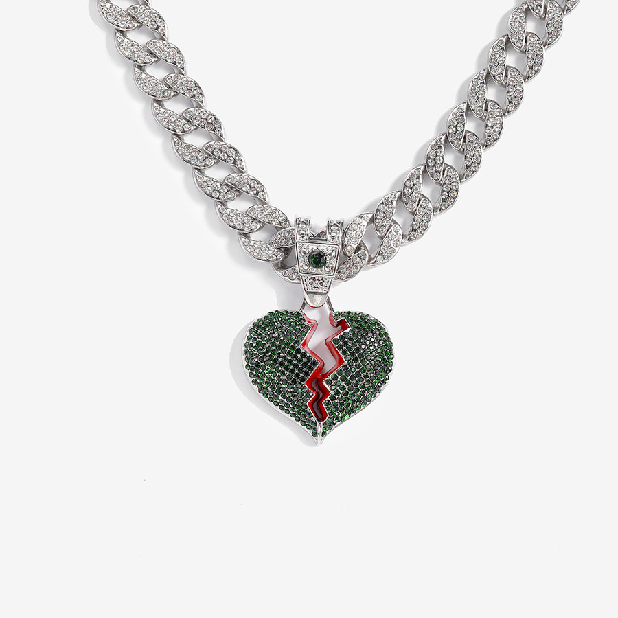 Street hip-hop style, personalized dark green split heart pendant, 15mm watch buckle, Cuban necklace_voghion.com