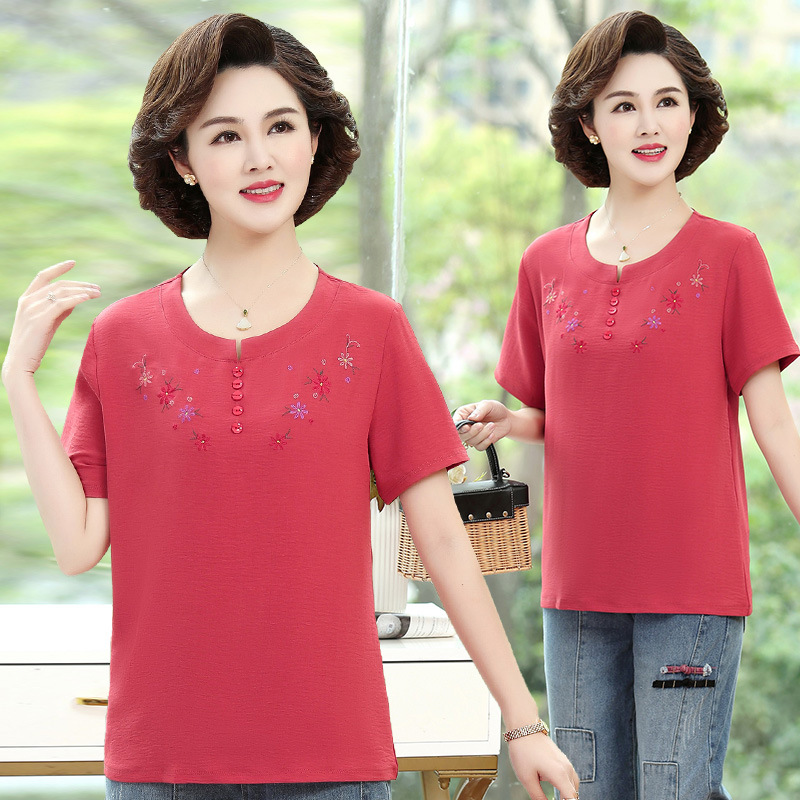 妈妈夏装短袖T恤中老年妇女装绣花上衣新款洋气中年女薄款小衫50|ms