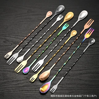 不锈钢双头吧勺长柄搅拌勺螺纹鸡尾酒调酒棒两用果汁调味勺子