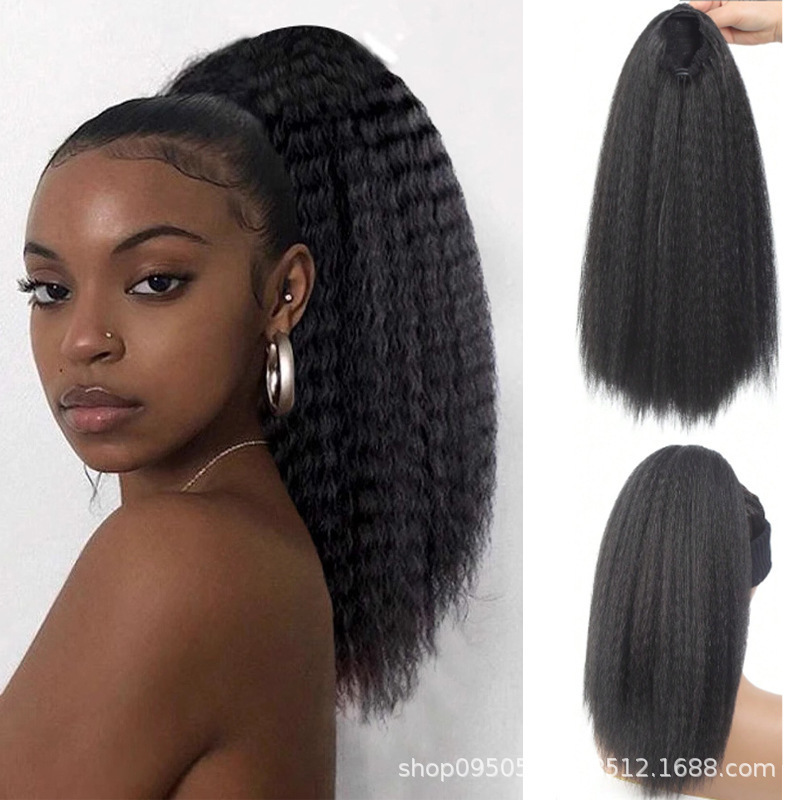 European and American Foreign Trade Wigs for Women, Curly and Fluffy, with Extension Drawstring Ponytail, African Black Yax Hair Ponytail