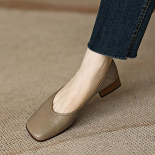 Low heel single-layer shoes for women 2023 spring new simple French retro soft square toe chunky heel women's shoes