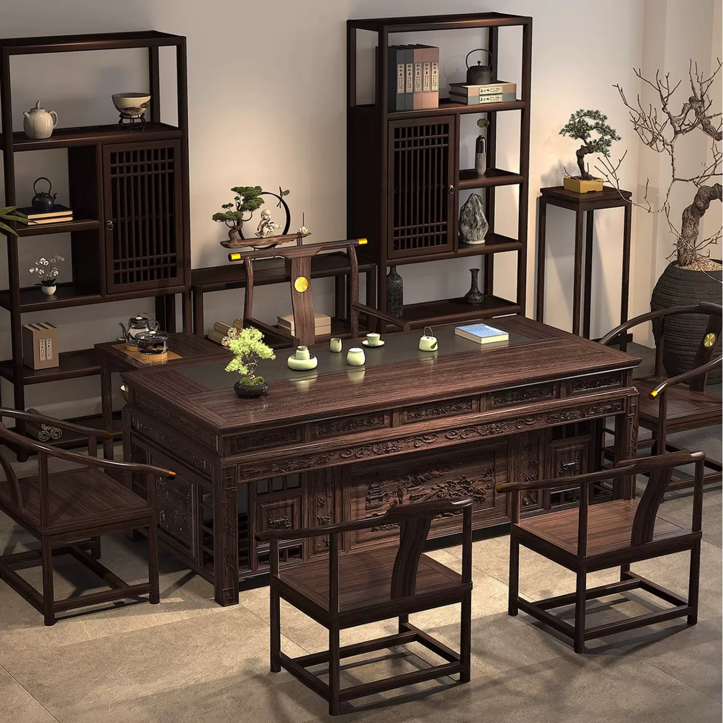乌金木茶桌椅组合实木泡小茶台家用茶几客厅套装一体办公室桌子