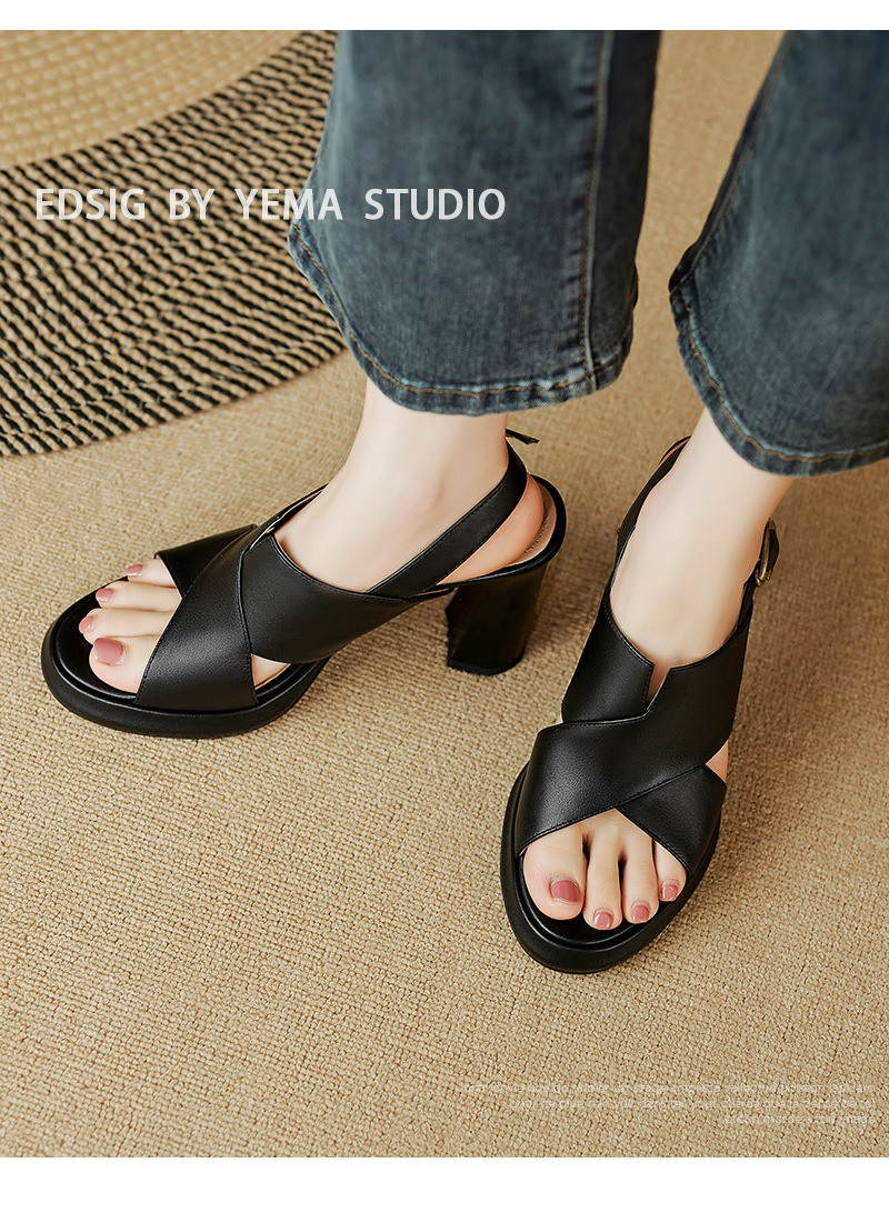 Sandal cao gót nữ quai ngang hở ngón da cừu cao cấp gót 10 cm — Màu đen chi tiết 2