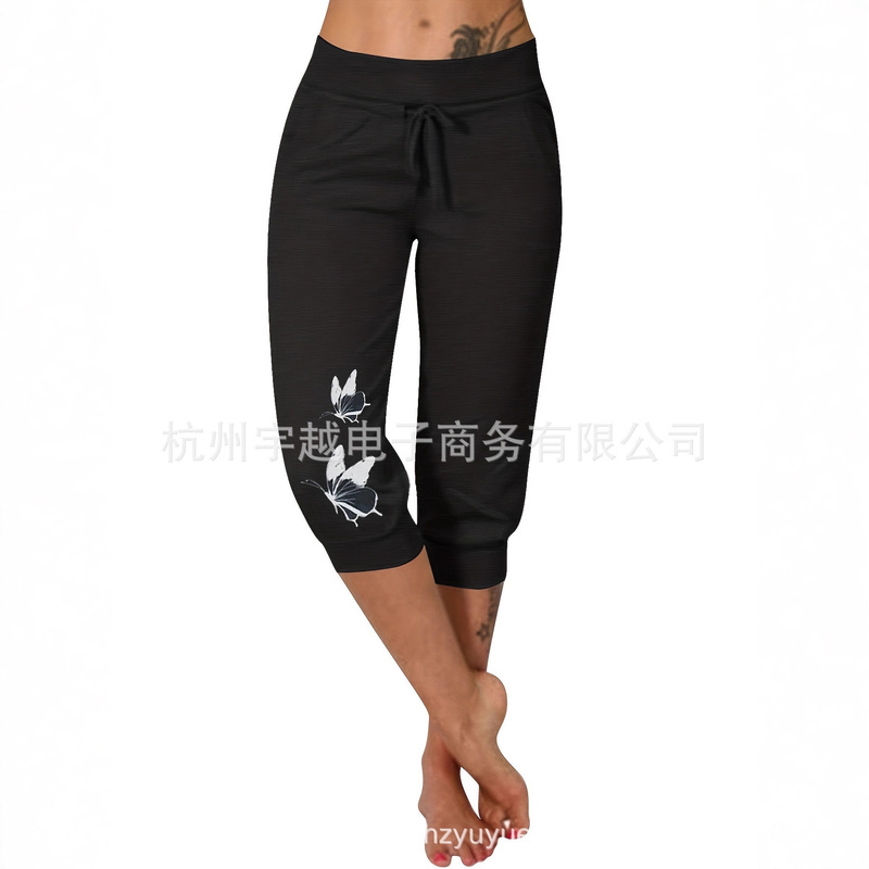 European and American Cross-Border Amazon New Fashion Women's Sports Fitness Printed Running High-Waisted Lace-Up Cropped Pants European and American Cross-Border Amazon New Fashion Women's Sports Fitness Printed Running High-Waisted Lace-Up Cropped Pants