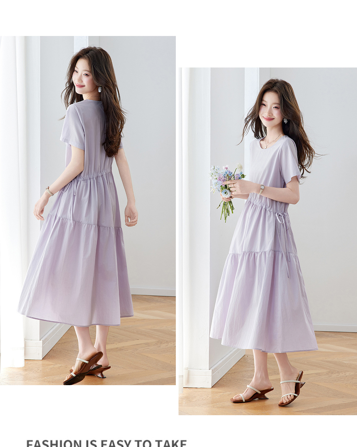 Đầm maxi nữ thắt eo dáng suông rút dây A-line tay ngắn JY2619 — màu tím nhạt, Vàng nhạt chi tiết 17