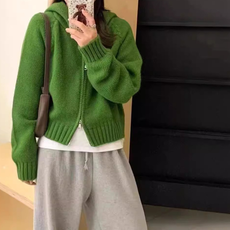 Hooded Pure Color Double Zipper Sweater Jacket Women's Autumn and Winter New Korean Style Loose Raglan Sleeve Knitted Cardigan Top